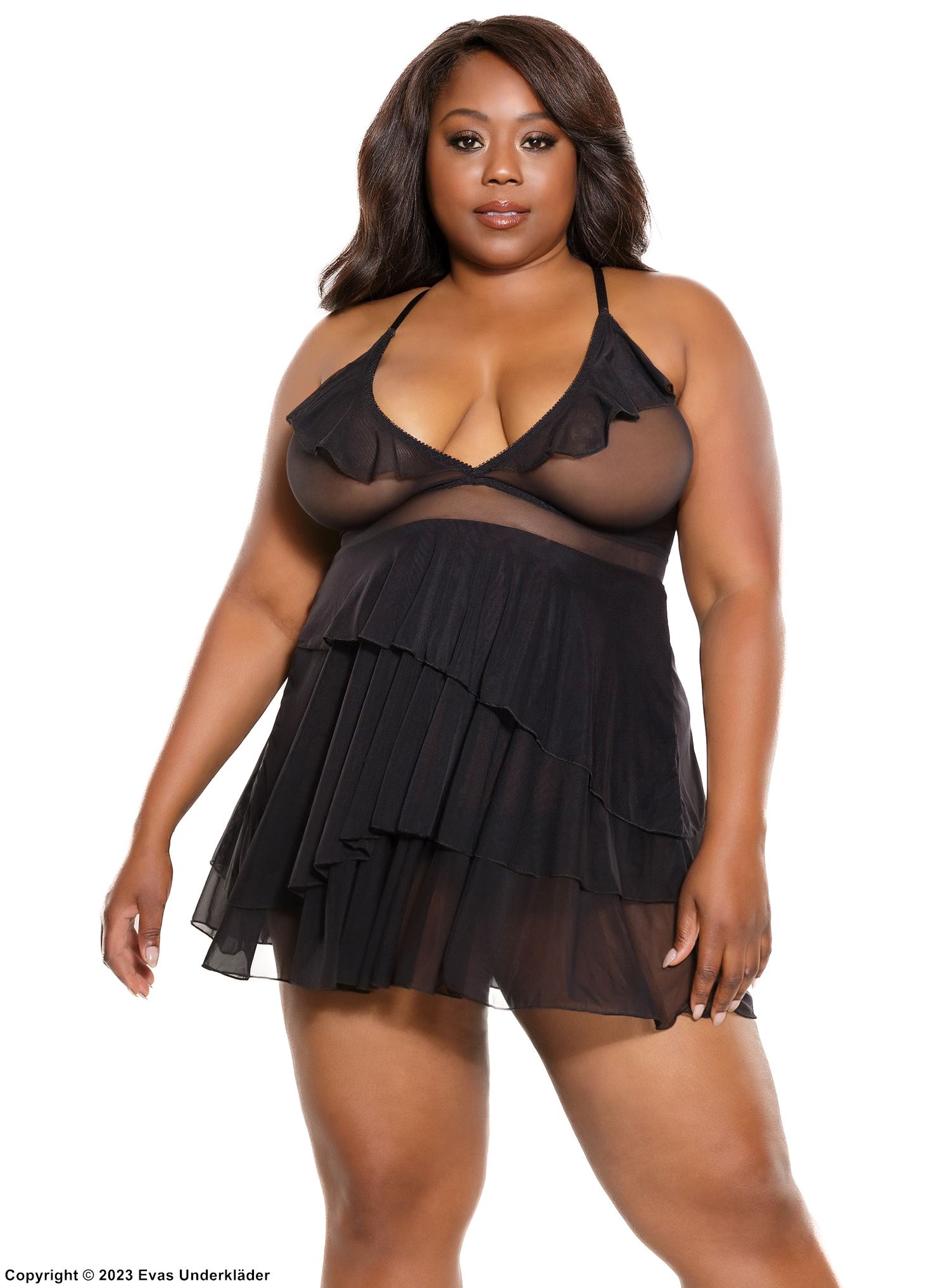 Transparentes Babydoll, durchsichtiges Netz, Rüschenbesatz, Plus Size